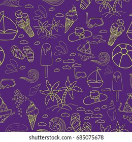 Hand drawn summer vector seamless pattern. Summer, marine and vacation symbols background fabric design
