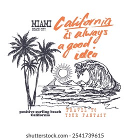 Diseño de camiseta de Vector de verano dibujado a mano, diseño de impresión de playa retro vintage, palmera y texto de tipografía.