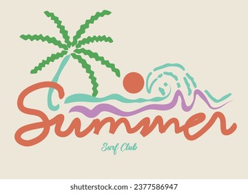 Hand drawn summer vibe beach palm tree tropical surf t-shirt graphic vector artwork