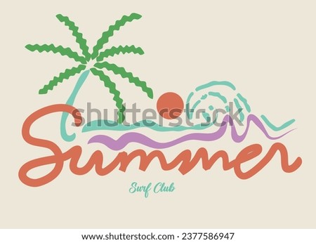 Hand drawn summer vibe beach palm tree tropical surf t-shirt graphic vector artwork