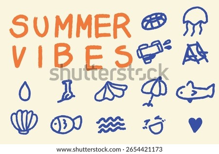 Hand drawn summer vibes doodle set. Vector illustration collection of cute summer holiday elements like a beach, sea, sun, fish, and seashell icons. Isolated on a light background.