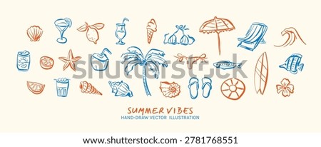 Hand drawn Summer Vibes doodle set, Whimsical sketch art with holiday elements, illustration for card, prints, banner, label, packaging, branding, advertising, posters