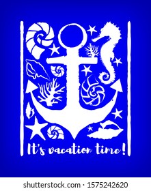 Hand drawn summer vibes it's vacation time vector frame sea set elements white and blue palette