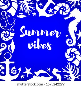 Hand drawn summer vibes vector frame sea set elements white and blue palette