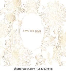 Hand drawn summer vintage bouquet: golden Dahlia, line art. Hand painted flowers isolated on white background for design.