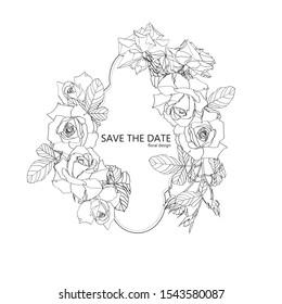 Hand drawn summer vintage bouquet: rustic Roses bouquet, line art. Hand painted flowers isolated. Black white colors.