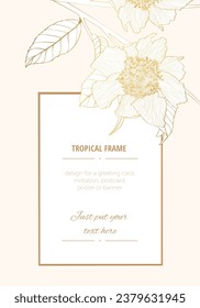 Hand drawn summer vintage golden camelia flowers card template, line art. Hand painted flowers isolated on white background for design.