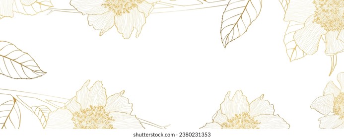 Hand drawn summer vintage golden camelia flowers card template, line art. Hand painted flowers isolated on white background for design.