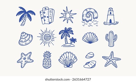 Hand drawn Summer Vintage Icon Set Palm Trees Sun and Other Beach Elements