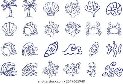 Hand drawn summer vintage icon set. Hand Drawn Beach and Ocean Doodle Icon Set Palm Trees, Seashells, Waves, Coral, Crabs, Seaweed, Nautical Elements, Blue Sketch Style
