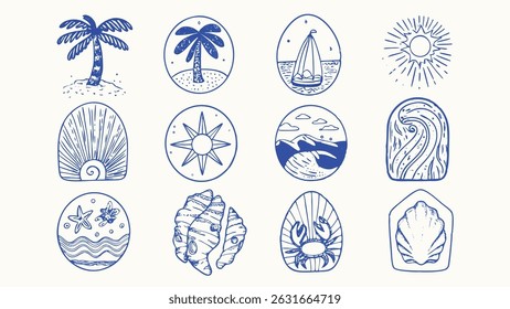 Hand drawn Summer Vintage Stickers Boho Palm Tree and Tropical Designs