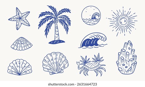 Hand drawn Summer Vintage Stickers Boho Palm Tree and Tropical Elements Set