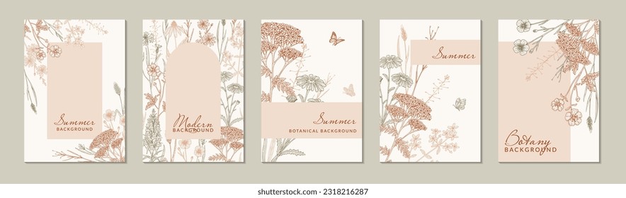 Hand drawn summer wildflowers design. Vector illustration in sketch style. Meadow flowers aesthetic background