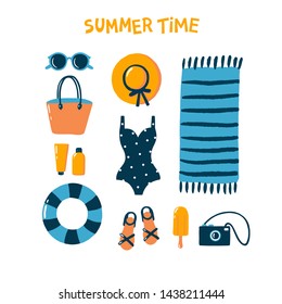 Hand drawn summer woman's outfit. Fashion set with beach clothes and accessories in modern flat vector style. Perfect for web, card, poster, cover, tag, invitation, sticker kit