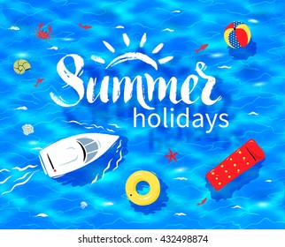 Hand drawn Summer word lettering on sea water background with rubber ring, pool raft and beach ball.