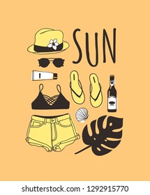 Hand drawn summer word SUN and illustration. Actual tropical vector background. Artistic doddle drawing. Creative ink art work