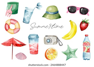 Hand drawn summertime clipart. Watercolor set of summer elements. Summer stuff set.