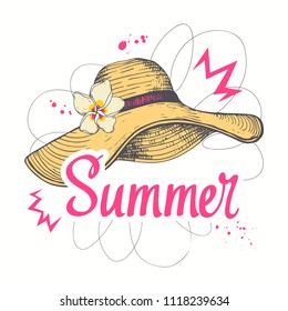 Hand drawn summertime fashion illustration: lady straw hat. Isolated vector art element on white background in sketch style.