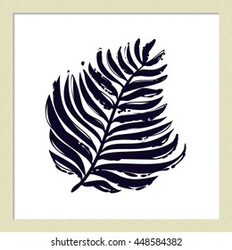 Hand drawn summertime fashion illustration: black palm branch. Isolated vector art element on white background in sketch style.