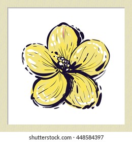 Hand drawn summertime fashion illustration: yellow tropic flower. Isolated vector art element on white background in sketch style.