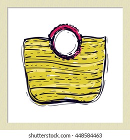 Hand drawn summertime fashion illustration: straw beach bag. Isolated vector art element on white background in sketch style.