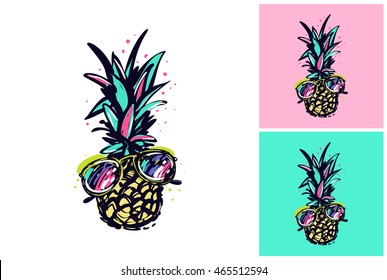 Hand drawn summertime fashion illustration: pineapple in glasses. Isolated vector art element on white, pink and turquoise background in sketch style.