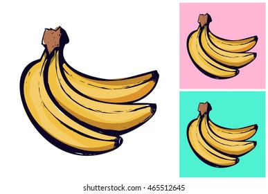 Hand drawn summertime fashion illustration: banana bundle. Isolated vector art element on white, pink and turquoise background in sketch style.