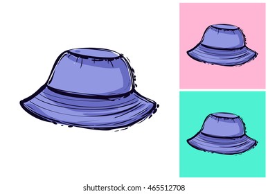 Hand drawn summertime fashion illustration: panama hat. Isolated vector art element on white, pink and turquoise background in sketch style.