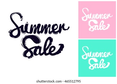 Hand drawn summertime fashion illustration: summer sale inscription. Isolated vector art element on white, pink and turquoise background in sketch style.