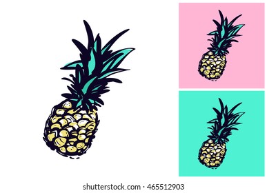 Hand drawn summertime fashion illustration: blue pineapple. Isolated vector art element on white, pink and turquoise background in sketch style.