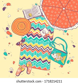 Hand drawn summertime vector illustration, summer beach top view, rest, vacation, holidays concept.