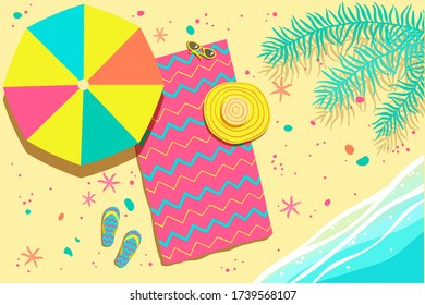 Hand drawn summertime vector illustration, summer beach top view, rest, vacation, holidays concept.