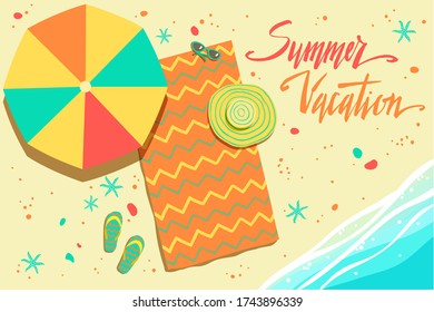 Hand drawn summertime vector illustration, summer beach top view, rest, vacation, holidays concept.