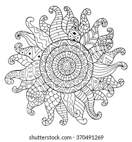 Hand drawn sun for anti stress colouring page. Pattern for coloring book. Made by trace from sketch. Illustration in zentangle style. Monochrome variant. 