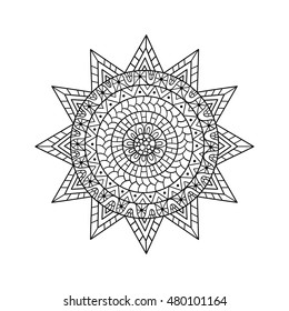 Hand drawn sun for anti stress colouring page. Pattern for coloring book. Illustration in zentangle style. Monochrome variant. 