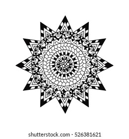 Hand drawn sun for anti stress colouring page. Pattern for coloring book. Illustration in zentangle style. Monochrome variant. 