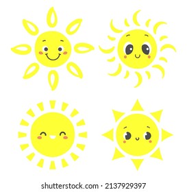 Hand drawn sun. Cartoon sunny characters with smiling faces. Happy morning elements with shining beams. Cheerful emoji for children design. Bright yellow circles with rays isolated vector set