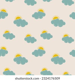 Hand drawn sun and cloud seamless pattern. Hand drawn textured lino cut style summer illustrations backdrop. Playful cute pinky wallpaper.