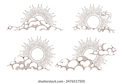 Sol dibujado a mano con nubes. Nube solar grabada en una Ilustración vectorial aislada del cielo