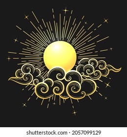 Hand drawn Sun and Clouds in the sky on black background. Decorative graphic design in oriental style. Vector illustration