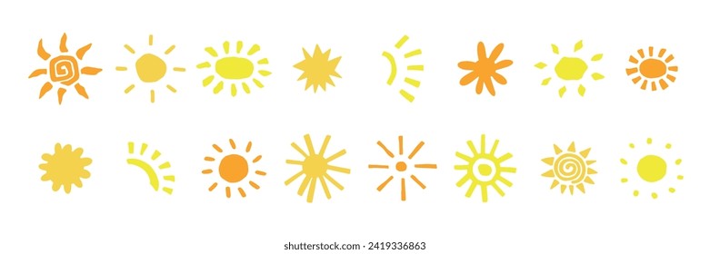 Hand drawn sun collection. Abstract logo and print design templates. Doodle vector icons isolated on white background.