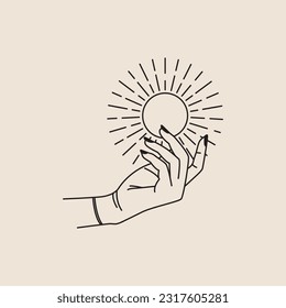 hand drawn sun and hand for cosmetic beauty jewelry beauty care logo abstract vector illustation