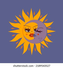Hand drawn Sun and crescent Moon with faces. Design element, logo template, sticker. Trendy Vector isolated illustration. Celestial drawing for the zodiac, tarot, astrology. Day and night concept