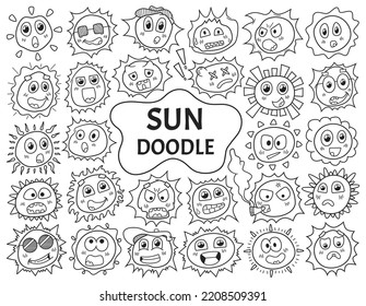 Hand drawn sun doodle with different face expression