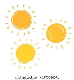 Hand drawn sun. Element of summer and nature. Yellow warm object. Set of Cartoon illustration. Children drawing. Heat and hot