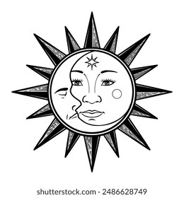 Hand drawn of sun esoteric symbol. Alchemy mystical magic elements isolated on white background.