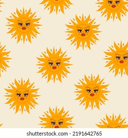 Hand drawn Sun with face. Big open eyes and red lips. Trendy Vector illustration. Celestial drawing. Cartoon style. Flat design. Square seamless Pattern. Background, wallpaper