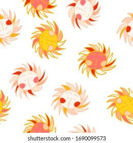 Hand drawn sun with face. Ethnic drawing. Seamless pattern. Funny design for textile, fabric, wrapping paper, mug, greeting card. Vector illustration.