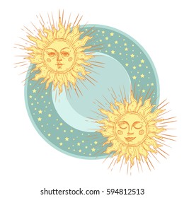 Hand drawn sun with face and starburst stylized as engraving. Can be used as print for T-shirts and bags, cards, decor element. Vector astrology symbol