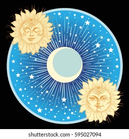 Hand drawn sun with face and starburst stylized as engraving. Can be used as print for T-shirts and bags, cards, decor element. Vector astrology symbol
